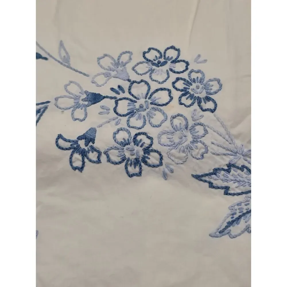 Vintage Embroidered His and Hers Pillowcases Blue Floral Crochet Trim Pair Set